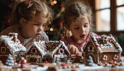 Wall Mural - Two children are decorating gingerbread houses