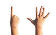 © valiantsin - Kids hand counting one and five with little fingers isolated. Gestures for quantity, white background.