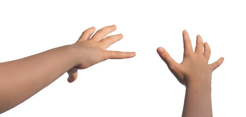 Wall Mural - Kids hand gestures, stretching forward to catch, take something invisible. Fingers motion isolated on white background.