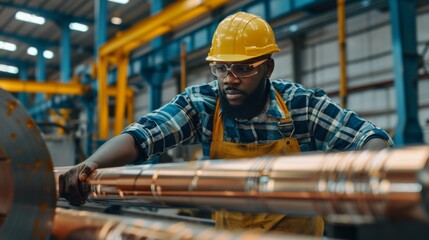 A worker in a blue-checkered shirt and yellow hard hat closely operates a complex piece of machinery in a spacious manufacturing plant, ensuring precise operation.