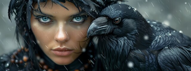 Poster -  A women with a raven perched atop her head, and a crow by her shoulder in the snow