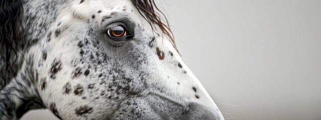 Wall Mural -  A horse's face, tightly framed against a pristine white background, bears distinct brown spots