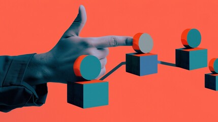 Abstract illustration of referral marketing with a hand pointing towards interconnected stylized figures made of squares and circles, symbolizing network and connection.