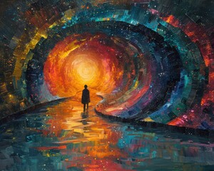 Wall Mural - Create a surrealistic painting of a person navigating through a labyrinth of digital data streams, with each stream representing a different piece of information.