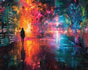 Wall Mural - Create a surrealistic painting of a person navigating through a labyrinth of digital data streams, with each stream representing a different piece of information.