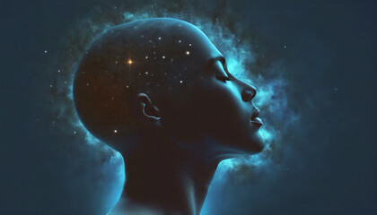 Conceptual depiction of a person absorbed in himself, reflecting with his thoughts on the origin of life in the universe, the meaning of its existence and the past and future