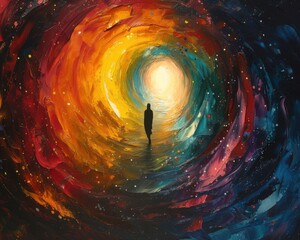 Wall Mural - Create a surrealistic painting of a person falling through a tunnel of colorful, swirling patterns, representing a descent into the subconscious mind.