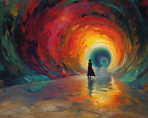 Wall Mural - Create a surrealistic painting of a person falling through a tunnel of colorful, swirling patterns, representing a descent into the subconscious mind.