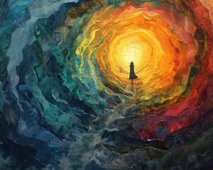 Wall Mural - Create a surrealistic painting of a person falling through a tunnel of colorful, swirling patterns, representing a descent into the subconscious mind.