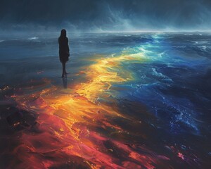 Wall Mural - Create a surrealistic painting of a person standing on a beach, with waves made of colorful light representing the flow of thoughts and dreams.