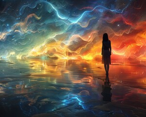 Wall Mural - Create a surrealistic painting of a person standing on a beach, with waves made of colorful light representing the flow of thoughts and dreams.