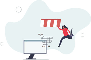 Wall Mural - Open shop online, start e-commerce store selling product online,flat design.illustration with people.