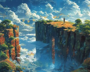 Wall Mural - create a surrealistic painting of a person standing in front of a door that opens to a world of floa