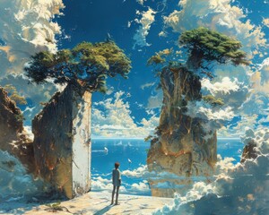 Wall Mural - create a surrealistic painting of a person standing in front of a door that opens to a world of floa