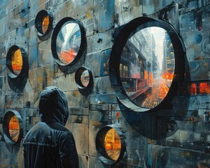 Wall Mural - create a surrealistic painting of a person exploring a labyrinth of mirrors, each one reflecting dif