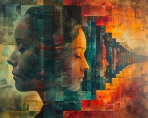 Wall Mural - create a surrealistic painting of a person exploring a labyrinth of mirrors, each one reflecting dif
