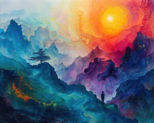 Wall Mural - create a surrealistic painting of a person standing at the top of a mountain, looking out over a lan