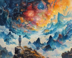 Wall Mural - create a surrealistic painting of a person standing at the top of a mountain, looking out over a lan
