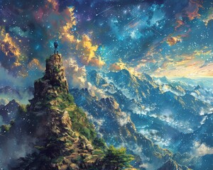 Wall Mural - create a surrealistic painting of a person standing at the top of a mountain, looking out over a lan