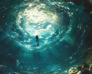 Wall Mural - Create a surrealistic painting of a person diving into an ocean where the water is made of liquid light, representing a journey into the depths of their mind.
