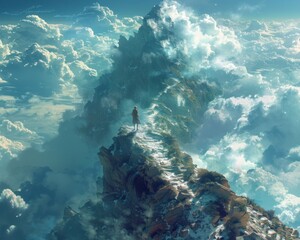 Wall Mural - create a surrealistic painting of a person standing at the top of a mountain, looking out over a lan