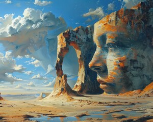 Wall Mural - create a surrealistic painting of a person looking into a mirror that reflects a landscape of their 