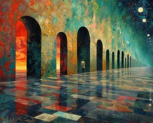 Wall Mural - Create a surrealistic painting of a person walking through a corridor lined with doors, each one opening to a different dream or memory.