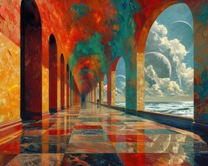 Wall Mural - Create a surrealistic painting of a person walking through a corridor lined with doors, each one opening to a different dream or memory.