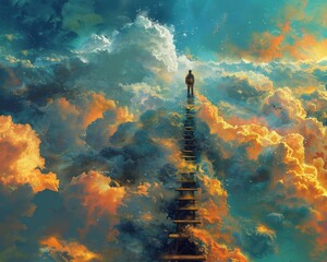 Wall Mural - Create a surrealistic painting of a person climbing a ladder that stretches into the clouds, with each rung representing a step towards their goal.