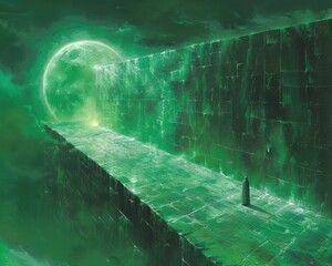 Wall Mural - create a surrealistic painting of a person standing in front of a maze, with a glowing orb at the ce