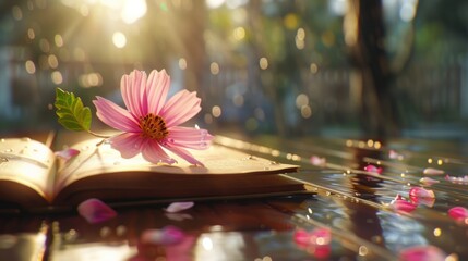 Canvas Print - Pink Flower on a Book in the Sunlight