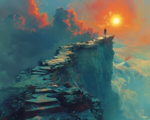 Wall Mural - create a surrealistic painting of a person standing on a cliff, with a bridge made of light leading 