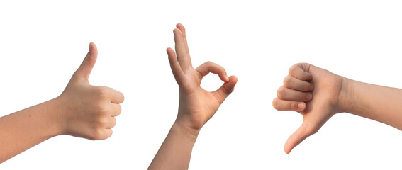 Wall Mural - Thumb up and down, ok gestures. Kids hands isolated on white background.