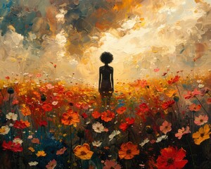 Wall Mural - Create a surrealistic painting of a person standing in a field of flowers, with each flower blooming into a different goal or aspiration.