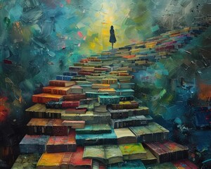 Wall Mural - Create a surrealistic painting of a person climbing a staircase made of books, each book representing knowledge and steps towards their goal.