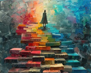 Wall Mural - Create a surrealistic painting of a person climbing a staircase made of books, each book representing knowledge and steps towards their goal.