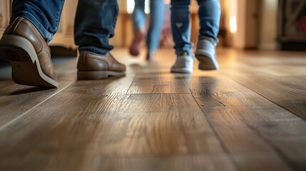 Wall Mural -  a families feet walking on a realistic vinyl wood plank flooring