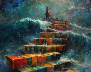 Wall Mural - Create a surrealistic painting of a person climbing a staircase made of books, each book representing knowledge and steps towards their goal.
