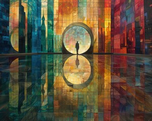 Wall Mural - Create a surrealistic painting of a person walking through a city where the buildings are made of glass, reflecting their goals and dreams.