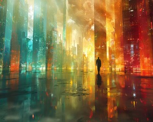 Wall Mural - Create a surrealistic painting of a person walking through a city where the buildings are made of glass, reflecting their goals and dreams.