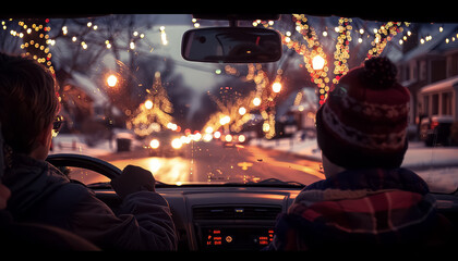 Wall Mural - A man and a child are in a car, looking out the window at the Christmas lights