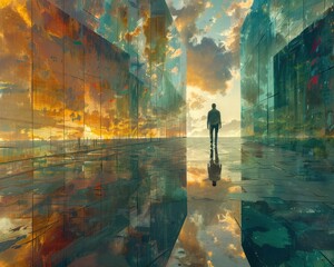Wall Mural - Create a surrealistic painting of a person walking through a city where the buildings are made of glass, reflecting their goals and dreams.