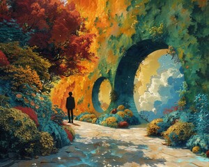 Wall Mural - create a surrealistic painting of a person standing in a garden where the plants grow into shapes of