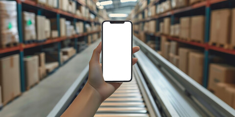 Wall Mural - A close-up of a hand holding a smartphone with a blank screen in the middle of a warehouse.