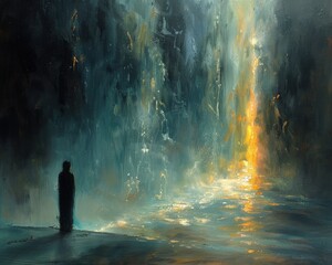 Wall Mural - create a surrealistic painting of a person standing in front of a waterfall of light, with the water