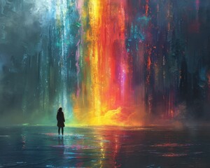 Wall Mural - create a surrealistic painting of a person standing in front of a waterfall of light, with the water