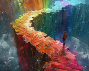 Wall Mural - Create a surrealistic painting of a person standing on a bridge made of rainbows, with each color representing a different goal.