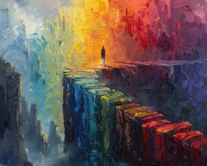 Wall Mural - Create a surrealistic painting of a person standing on a bridge made of rainbows, with each color representing a different goal.