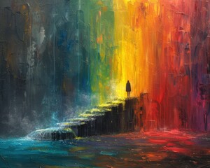 Wall Mural - Create a surrealistic painting of a person standing on a bridge made of rainbows, with each color representing a different goal.