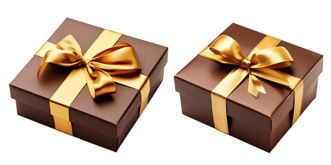 Brown box with candies and golden tape isolated on a white background